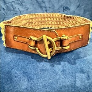 Fossil Brown Leather & Macrame Belt with Gold Buckle. Size S/M